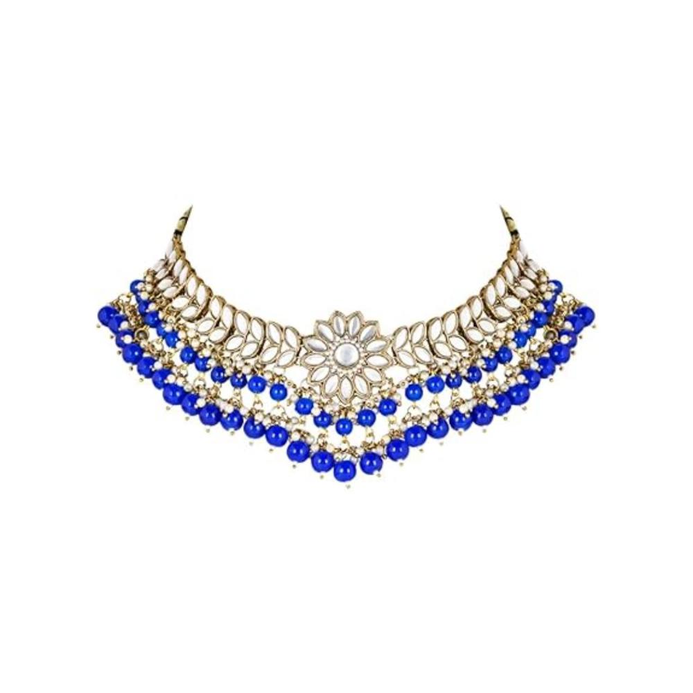 Etnico 18K Gold Plated Traditional Kundan Studded Blue Pearl Hanging Choker Necklace Jewellery Set With Earrings & Maang Tikka For Women & Girls (K7232Bl)