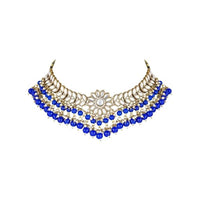 Etnico 18K Gold Plated Traditional Kundan Studded Blue Pearl Hanging Choker Necklace Jewellery Set With Earrings & Maang Tikka For Women & Girls (K7232Bl)