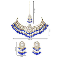 Etnico 18K Gold Plated Traditional Kundan Studded Blue Pearl Hanging Choker Necklace Jewellery Set With Earrings & Maang Tikka For Women & Girls (K7232Bl)