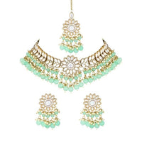 Etnico 18K Gold Plated Traditional Kundan Studded Mint Pearl Hanging Choker Necklace Jewellery Set With Earrings & Maang Tikka For Women & Girls (K7232Min)