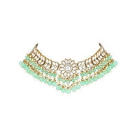 Etnico 18K Gold Plated Traditional Kundan Studded Mint Pearl Hanging Choker Necklace Jewellery Set With Earrings & Maang Tikka For Women & Girls (K7232Min)
