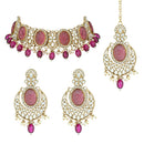 Etnico Gold Plated Traditional Red Pearl Kundan & Stone Studded Jewellery Necklace Set with Maang Tikka for Women (K7233Pu)