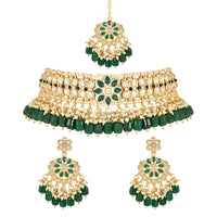 Etnico Gold Plated Traditional Kundan Studded Pearl Hanging Choker Necklace Jewellery Set With Earrings & Maang Tikka For Women And Girls (K7239G)