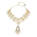 Etnico Gold Plated Traditional Pearl Kundan Meenakari Floral Necklace With Earring Maang Tikka & Finger Ring Set For Women And Girls (K7241Bl)
