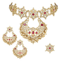 Etnico Gold Plated Traditional Handcrafted Stone Studded Pearl Choker Necklace Jewellery Set With Earrings & Finger ring For Women And Girls (K7243Q)