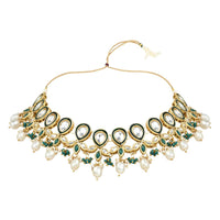 Etnico Gold Plated Traditional Pearl Kundan Studded Floral Necklace With Earring Maang Tikka Set For Women & Girls (K7249G)