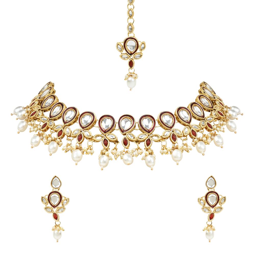 Etnico Gold Plated Traditional Pearl Kundan Studded Floral Necklace With Earring Maang Tikka Set For Women And Girls (K7249M)