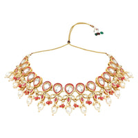 Etnico Gold Plated Traditional Pearl Kundan Studded Floral Necklace With Earring Maang Tikka Set For Women And Girls (K7249Q)