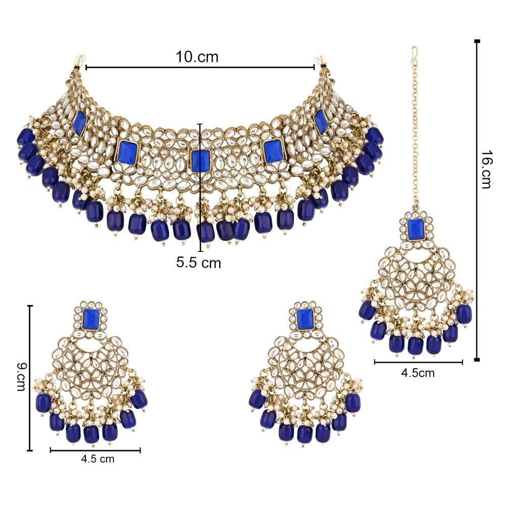 Etnico Gold Plated Traditional Pearl Kundan Choker Jewellery Necklace Set with Maang Tikka for Women And Girls (K7254Bl)