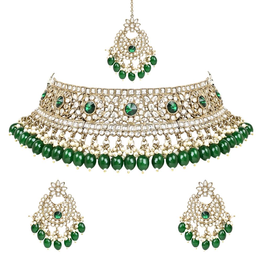 Etnico Gold Plated Traditional Kundan Pearl Hanging Choker Necklace Jewellery Set With Earrings & Maang Tikka For Women And Girls (K7255G)