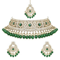 Etnico Gold Plated Traditional Kundan Pearl Hanging Choker Necklace Jewellery Set With Earrings & Maang Tikka For Women And Girls (K7255G)