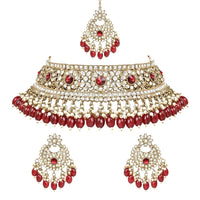 Etnico Gold Plated Traditional Kundan Pearl Hanging Choker Necklace Jewellery Set With Earrings & Maang Tikka For Women And Girls (K7255M)