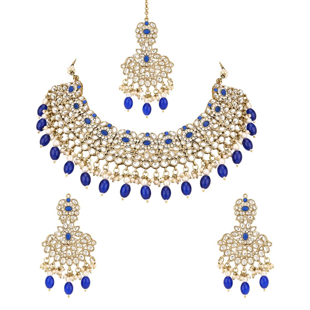 Etnico Gold Plated Traditional Kundan Pearl Drop Bridal Choker Necklace With Earrings & Maang Tikka Jewellery Set For Women/Girls (K7257Bl)
