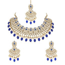 Etnico Gold Plated Traditional Kundan Pearl Drop Bridal Choker Necklace With Earrings & Maang Tikka Jewellery Set For Women/Girls (K7257Bl)