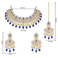 Etnico Gold Plated Traditional Kundan Pearl Drop Bridal Choker Necklace With Earrings & Maang Tikka Jewellery Set For Women/Girls (K7257Bl)