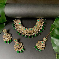 Etnico Gold Plated Traditional Kundan Pearl Drop Bridal Choker Necklace With Earrings & Maang Tikka Jewellery Set For Women/Girls (K7257G)