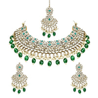 Etnico Gold Plated Traditional Kundan Pearl Drop Bridal Choker Necklace With Earrings & Maang Tikka Jewellery Set For Women/Girls (K7257G)