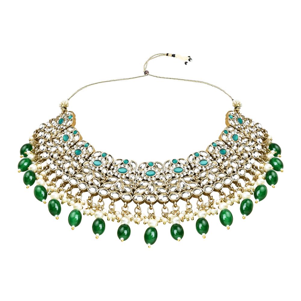 Etnico Gold Plated Traditional Kundan Pearl Drop Bridal Choker Necklace With Earrings & Maang Tikka Jewellery Set For Women/Girls (K7257G)