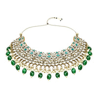 Etnico Gold Plated Traditional Kundan Pearl Drop Bridal Choker Necklace With Earrings & Maang Tikka Jewellery Set For Women/Girls (K7257G)