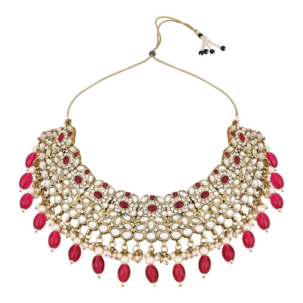 Etnico Gold Plated Traditional Kundan Pearl Drop Bridal Choker Necklace With Earrings & Maang Tikka Jewellery Set For Women/Girls (K7257Q)