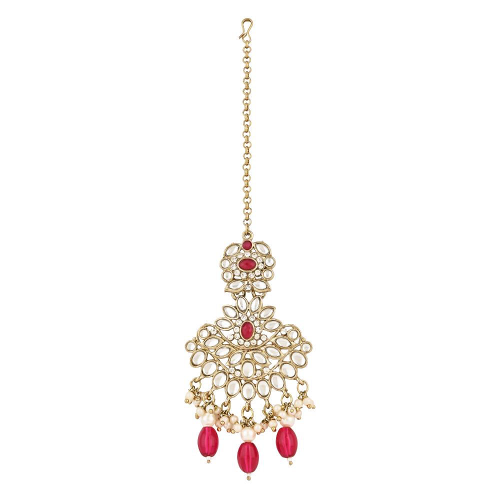 Etnico Gold Plated Traditional Kundan Pearl Drop Bridal Choker Necklace With Earrings & Maang Tikka Jewellery Set For Women/Girls (K7257Q)