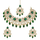 Etnico Gold Plated Traditional Kundan Pearl Drop Bridal Choker Necklace With Earrings & Maang Tikka Jewellery Set For Women/Girls (K7258G)