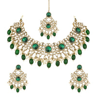 Etnico Gold Plated Traditional Kundan Pearl Drop Bridal Choker Necklace With Earrings & Maang Tikka Jewellery Set For Women/Girls (K7258G)