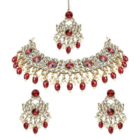Etnico Gold Plated Traditional Kundan Pearl Drop Bridal Choker Necklace With Earrings & Maang Tikka Jewellery Set For Women/Girls (K7258M)