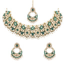 Etnico Gold Plated Traditional Floral Kundan & Pearl Choker Necklace Jewellery Earrings & Maang tikka Set For Women (Green)