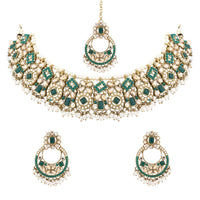 Etnico Gold Plated Traditional Floral Kundan & Pearl Choker Necklace Jewellery Earrings & Maang tikka Set For Women (Green)