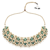 Etnico Gold Plated Traditional Floral Kundan & Pearl Choker Necklace Jewellery Earrings & Maang tikka Set For Women (Green)