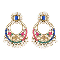 Etnico Gold Plated Traditional Floral Kundan & Pearl Choker Necklace Jewellery Earrings & Maang tikka Set For Women (K7304Mul)