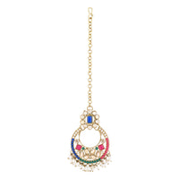 Etnico Gold Plated Traditional Floral Kundan & Pearl Choker Necklace Jewellery Earrings & Maang tikka Set For Women (K7304Mul)