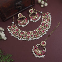 Etnico Gold Plated Traditional Floral Kundan & Pearl Choker Necklace Jewellery Earrings & Maang tikka Set For Women (Dark Pink)