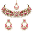 Etnico Gold Plated Traditional Floral Kundan & Pearl Choker Necklace Jewellery Earrings & Maang tikka Set For Women (Dark Pink)