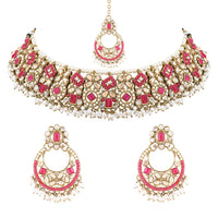 Etnico Gold Plated Traditional Floral Kundan & Pearl Choker Necklace Jewellery Earrings & Maang tikka Set For Women (Dark Pink)