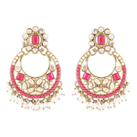 Etnico Gold Plated Traditional Floral Kundan & Pearl Choker Necklace Jewellery Earrings & Maang tikka Set For Women (Dark Pink)