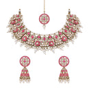 Etnico Gold Plated Traditional Kundan & Pearl Choker Necklace Jewellery Earrings & Maang tikka Set For Women (Dark Pink)