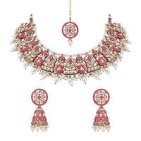 Etnico Gold Plated Traditional Kundan & Pearl Choker Necklace Jewellery Earrings & Maang tikka Set For Women (Dark Pink)