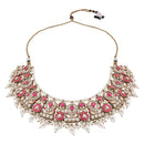 Etnico Gold Plated Traditional Kundan & Pearl Choker Necklace Jewellery Earrings & Maang tikka Set For Women (Dark Pink)