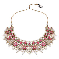 Etnico Gold Plated Traditional Kundan & Pearl Choker Necklace Jewellery Earrings & Maang tikka Set For Women (Dark Pink)