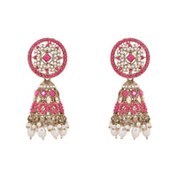 Etnico Gold Plated Traditional Kundan & Pearl Choker Necklace Jewellery Earrings & Maang tikka Set For Women (Dark Pink)