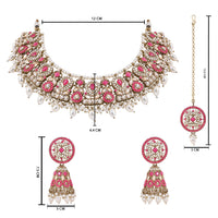 Etnico Gold Plated Traditional Kundan & Pearl Choker Necklace Jewellery Earrings & Maang tikka Set For Women (Dark Pink)