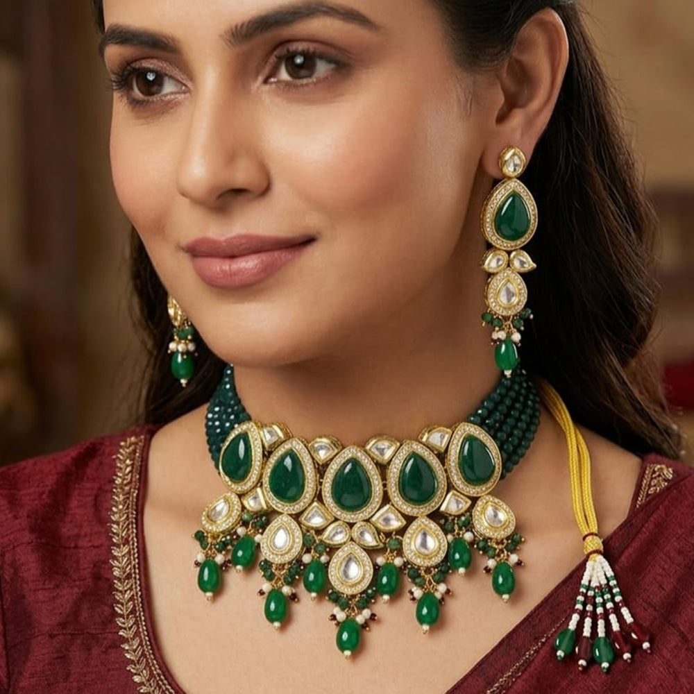 Knigght Angel Traditional Kundan Stone Pearl And Beads Choker Necklace Set