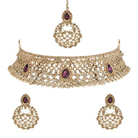 Etnico Gold Plated Traditional Design Stone Work Choker Necklace Jewellery Set With Earring & Maang Tikka For Women/Girls (M4170FLWi)