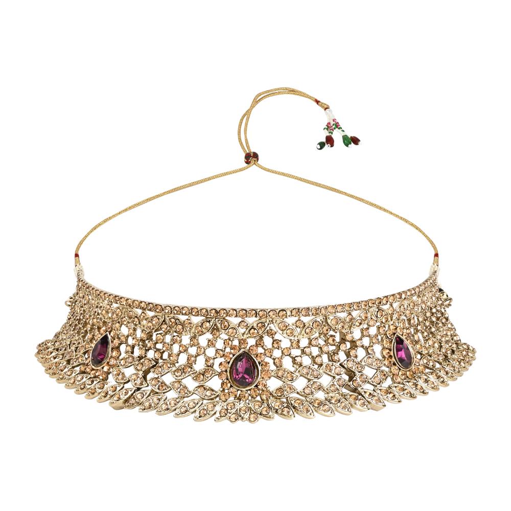 Etnico Gold Plated Traditional Design Stone Work Choker Necklace Jewellery Set With Earring & Maang Tikka For Women/Girls (M4170FLWi)