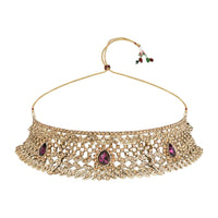 Etnico Gold Plated Traditional Design Stone Work Choker Necklace Jewellery Set With Earring & Maang Tikka For Women/Girls (M4170FLWi)