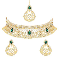 Etnico Gold Plated Traditional Design Stone Work Choker Necklace Jewellery Set With Earring & Maang Tikka For Women/Girls (M4170WG)