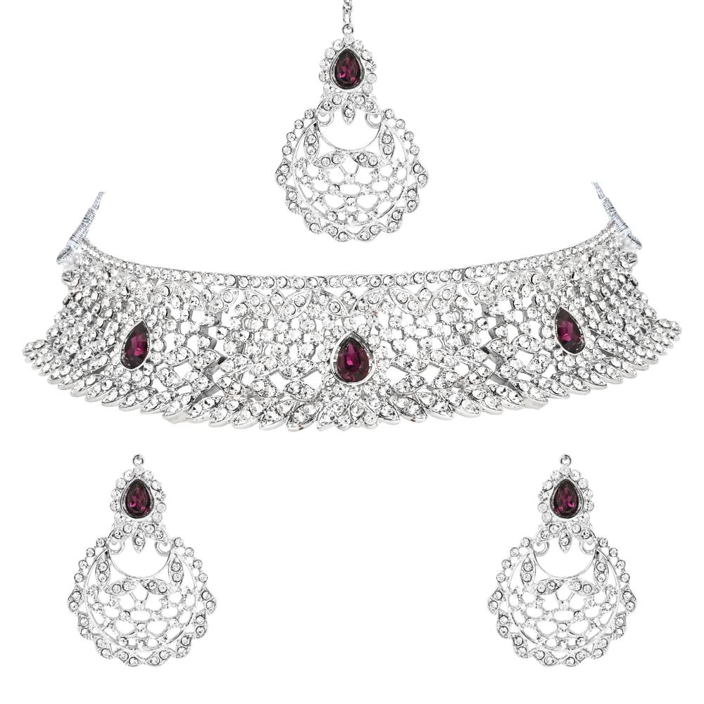 Etnico Silver Plated Traditional Design Stone Work Choker Necklace Jewellery Set With Earring & Maang Tikka For Women/Girls (M4170ZWi)