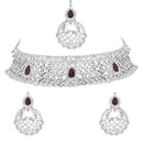 Etnico Silver Plated Traditional Design Stone Work Choker Necklace Jewellery Set With Earring & Maang Tikka For Women/Girls (M4170ZWi)